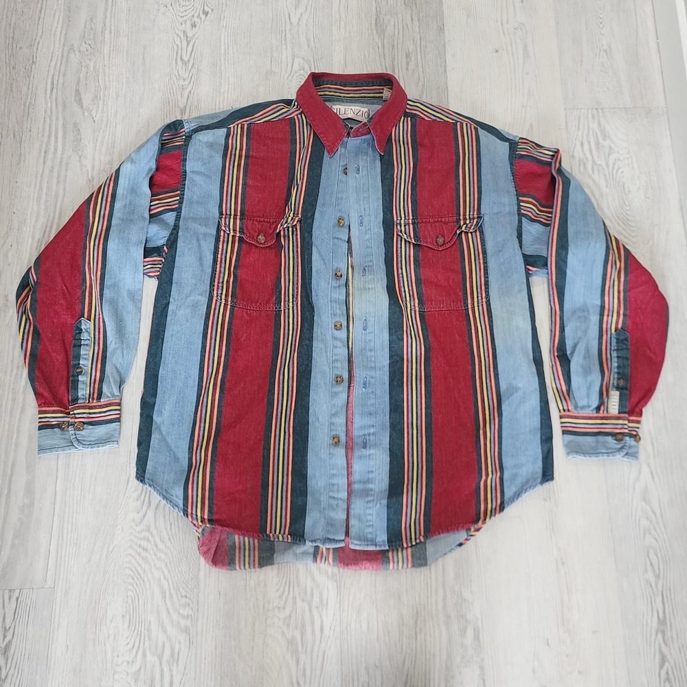 Silenzio denim button up shirt with rainbow stripes Men's Large‎